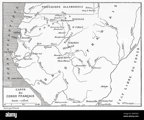 Old map of the French colony of the French Congo, Central Africa. In ...