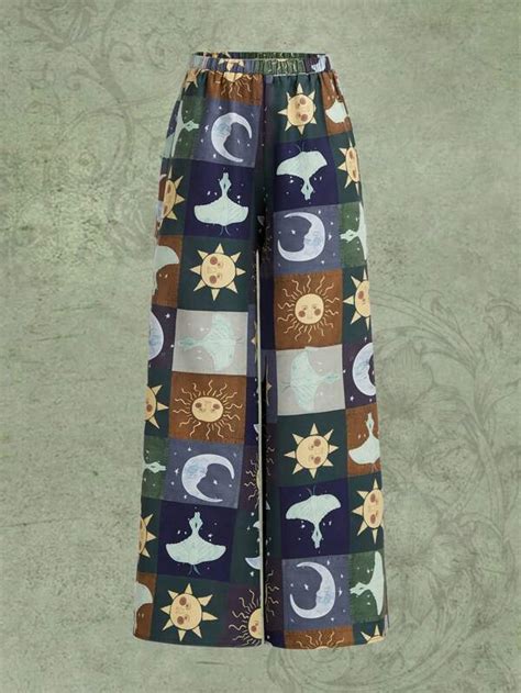 Romwe Hippie Sun Moon Print Wide Leg Trousers Shein Uk