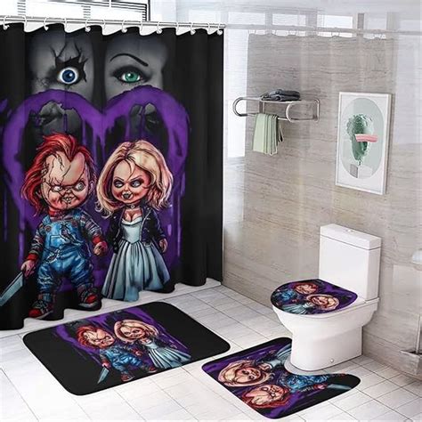 OneFale 4 Pcs Horror Movie Chucky Shower Curtain Set With Non Slip Rugs