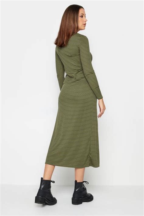 Lts Tall Womens Khaki Green Black Stripe Ribbed Midi Dress Long