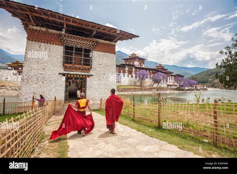 Two Monks Dressed In Traditional Red Access The Punakha Dzong A Former