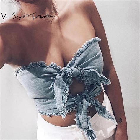 Buy High Fashion Denim Tube Top Women Sexy Bow Tie