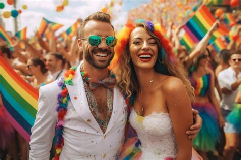 Premium Photo Happy Smiling Couple Celebrating Lgbtq Gay Pride Parade In Sao Paulo Pride Month