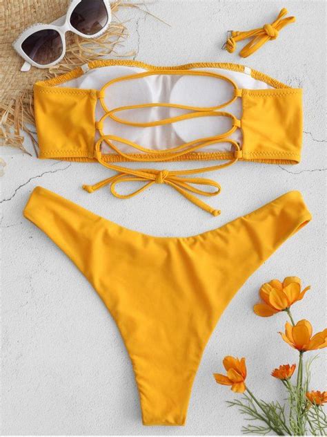 Zaful Smocked Lace Up Bandeau Bikini Set Beer Bandeau Bikini Set