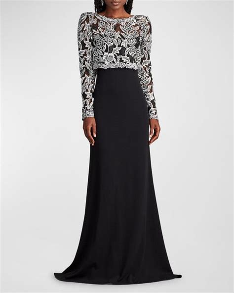 Tadashi Shoji A Line Floral Embroidered Lace Crepe Gown In Black Lyst