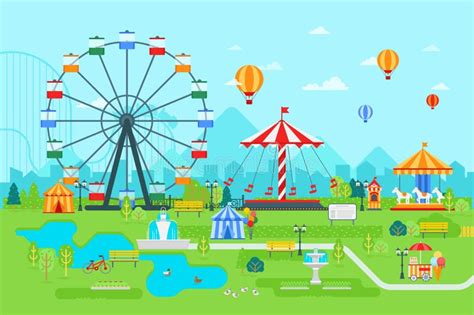 Amusement Park Vector Flat Elements Fun Icons On White Background