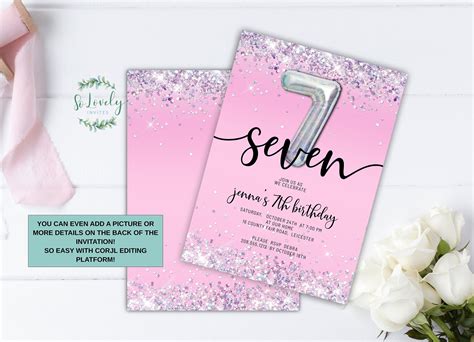 Pink And Silver Glitter 7th Birthday Invitation Edit Yourself Etsy