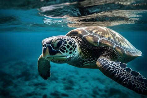 Una Tortuga Nadando Bajo El Agua Con El Sol Brillando En Su Rostro