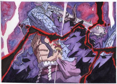 This painting of Kaido vs Luffy in watercolor took me houuuuurs : r ...