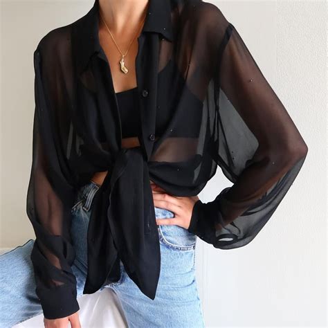 Vintage Stunning Black 100 Silk Chiffon Sheer Button Up Blouse Sheer