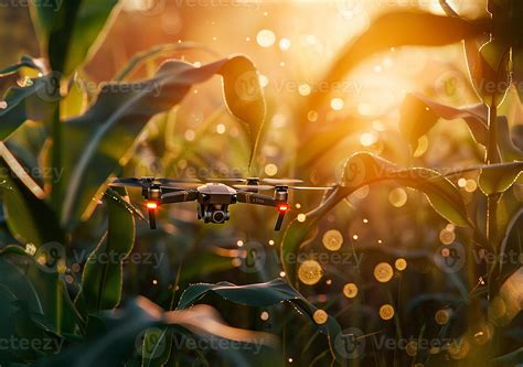 AI generated The drone flies among the plants. Smart farming