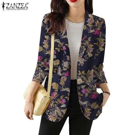 ZANZEA Women Vintage Fashion Lapels Patch Pockets Flora Printed Blazer