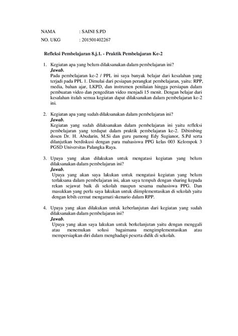 Refleksi Pembelajaran 8 Nama Saini S No Ukg 201501402267 Refleksi Pembelajaran 8 J