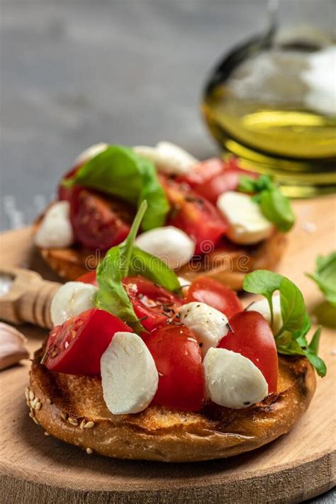 Caprese Toasts With Mozzarella Cherry Tomatoes And Fresh Garden Basil