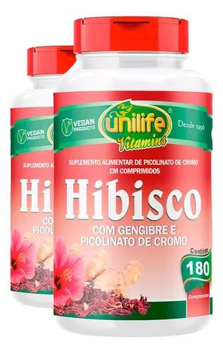 Kit 2 Hibisco Gengibre Picolinato Cromo 500mg Unilife 180cáp