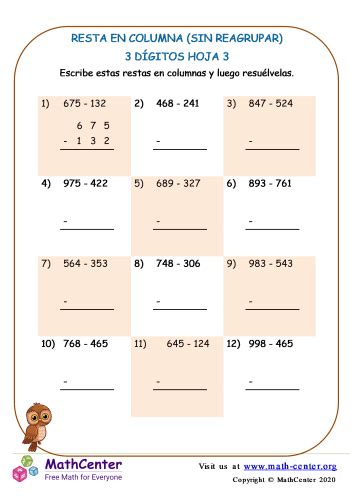 Resta de columnas 3 dígitos sin reagrupar Hoja 3 Hojas de trabajo