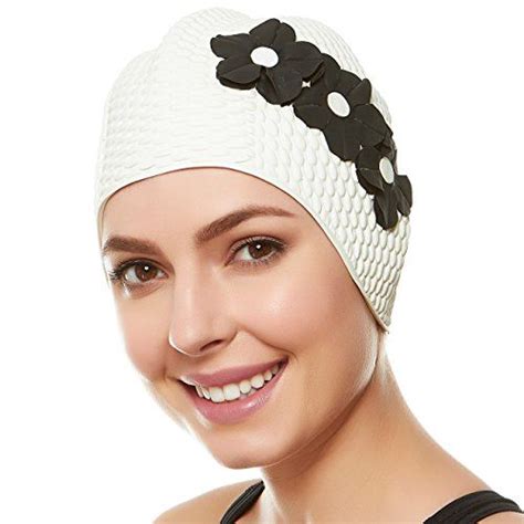 Beemo Swim Bathing Caps For Women Latex Swim Hat Triple Flowers Long