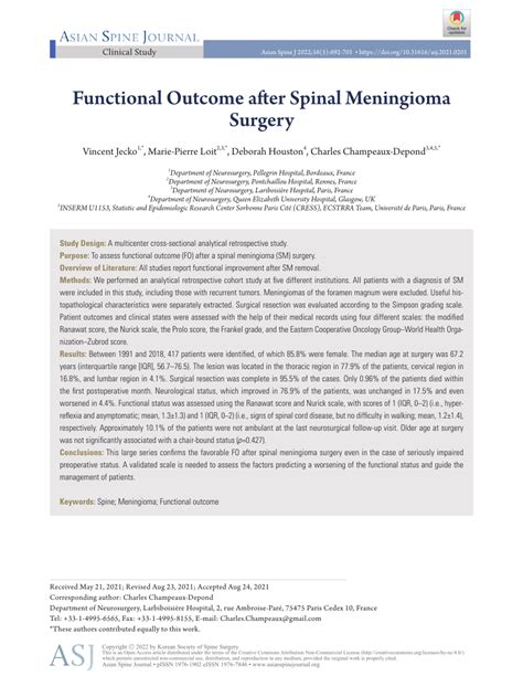 PDF Functional Outcome After Spinal Meningioma Surgery