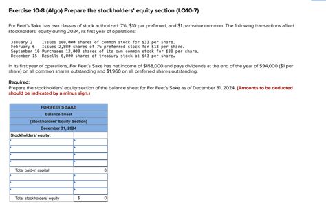 Solved Exercise 10 8 Algo Prepare The Stockholders Equity Chegg