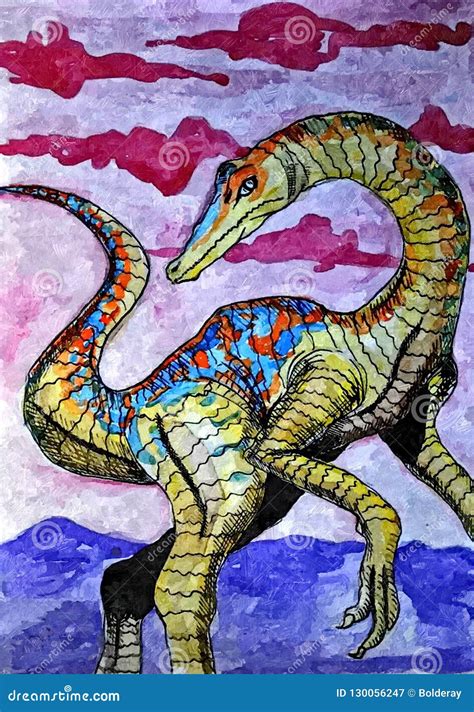 Compsognathus Dinosaurio Retrato Acuarela Mojada De Pintura En El Papel Arte Ingenuo Acuarela