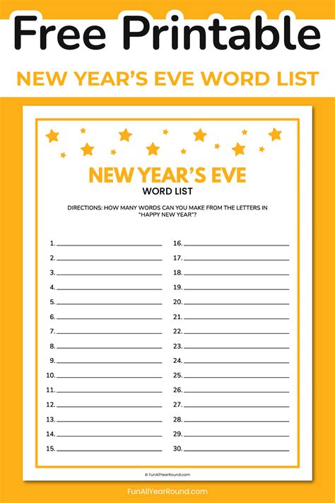 New Year S Eve Word List Fun All Year Round