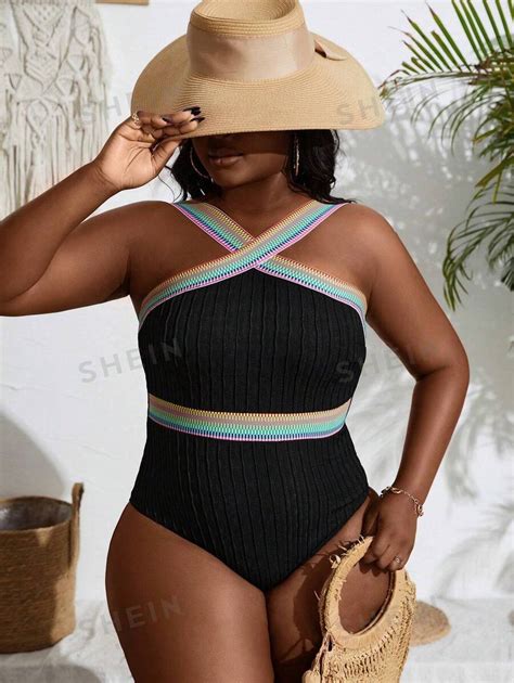 SHEIN Swim Curve Plus Size Summer Beach Contrast Tape One Piece