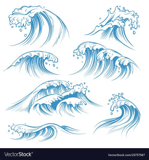 Hand drawn ocean waves sketch sea waves tide Vector Image