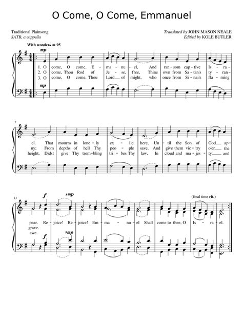 O Come O Come Emmanuel Satb Choir Sheet Music For Piano Solo Easy