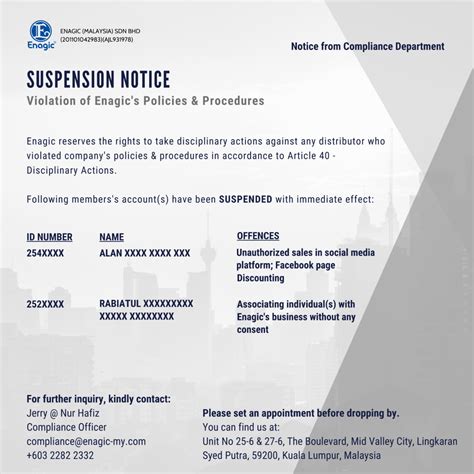 Compliance Notice Suspension Termination Of Account Enagic