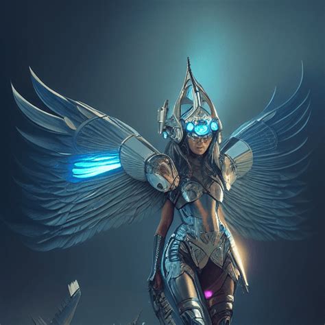 Futuristic Valkyrie With Metal Wings Holographic Horned Helmet Zoom Out