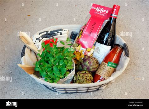 Food basket with delicious ingredients Stock Photo - Alamy