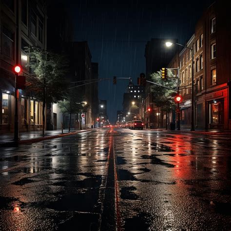 Premium AI Image | Rain on road street in dark night