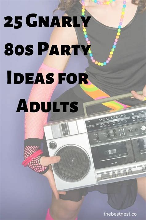 a woman holding an old school radio with the words 25 gnarly 80s party ...