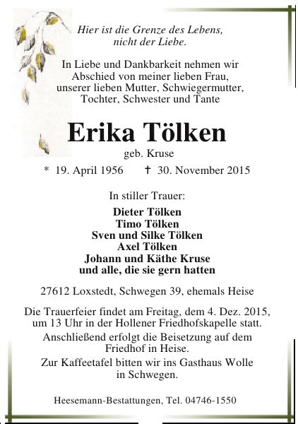 Erika T Lken Gedenken Nordsee Zeitung