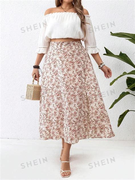 Plus Size Floral Print High Slit Midi Skirt Shein Usa