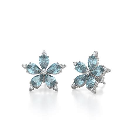 Boucles D Oreilles Aden Or Blanc Fleur Aigue Marine Et Diamants