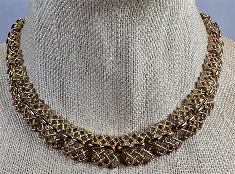 Vintage Monet Choker Necklace Gold Tone Basket Weave Gem