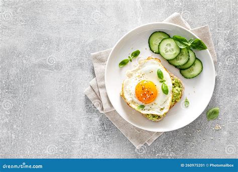 Avocado Toast With Fried Egg For Breakfast Healthy Food Overhead View Stock Image Image Of