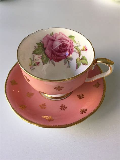 Aynsley Large Pink Cabbage Rose And Fleur De Lys Teacup And Saucer