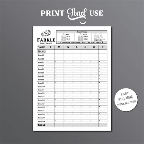 Farkle Game Score Sheet Farkle Scoring Farkle Dice Game Score Sheet