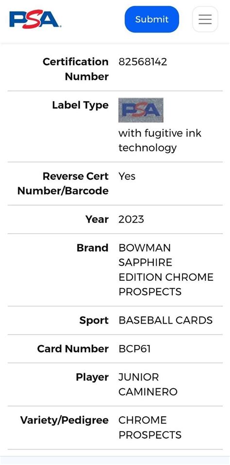 Bowman Sapphire Chrome Prospects Junior Caminero Bcp Psa