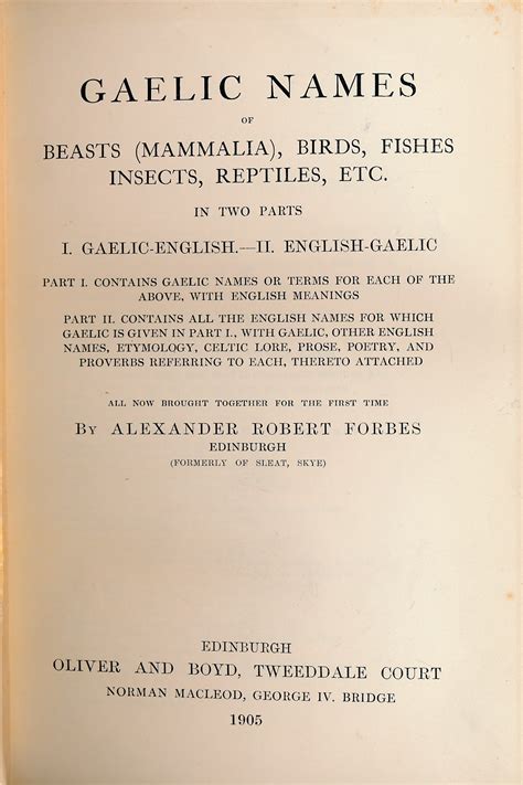 Gaelic Names of Beasts (Mammalia), Birds, Fishes, Insects, Reptiles ...