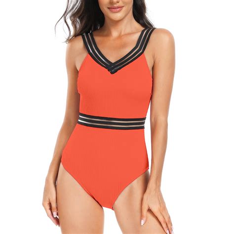 Wreesh Womens One Piece Swimsuit Solid Color Swim Suits V Neck Sexy