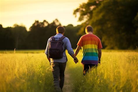 Premium AI Image Back View Of Gay Couple With Rainbow Flag In The Park LGBT Concept