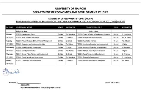 Supplementary Special Exams Timetable November Academic Year