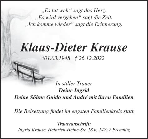 Traueranzeigen von Klaus Dieter Krause Märkische Onlinezeitung