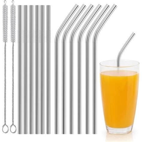 Paille Inox Reutilisable 12 Pcs 6 Droites 6 Courbées Pailles