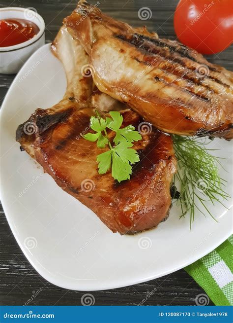 Steak Fried Ketchup On A Wooden Background Stock Photo Image Of