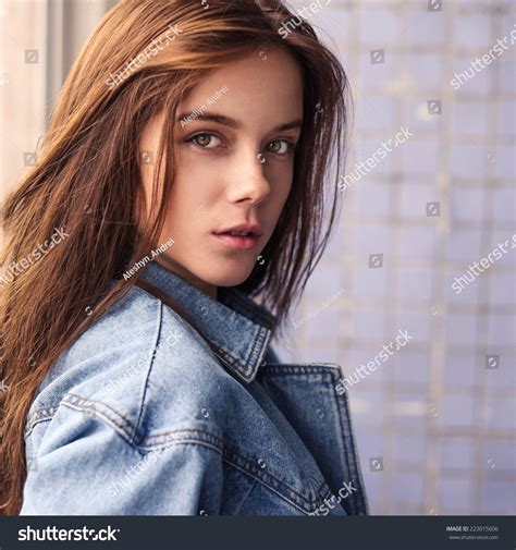 Portrait Beautiful Sexy Blonde Denim Jacket Stock Photo 223015606 Shutterstock