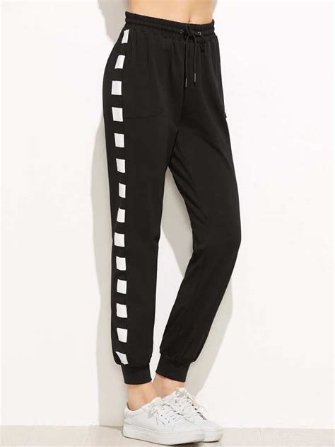 Black Geo Print Drawstring Waist Sweatpants